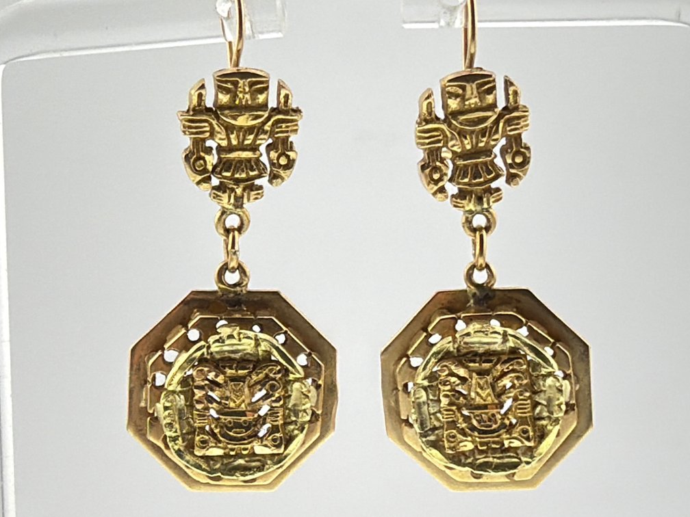 14kt and 18kt yellow gold Peruvian Incan inspired dangle earrings