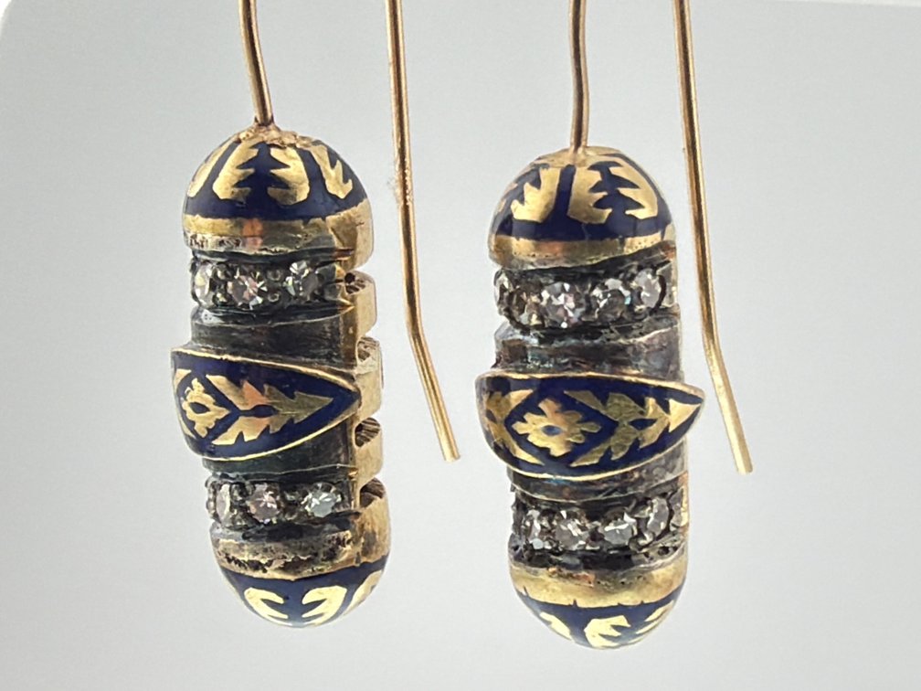 Pair of 14kt diamond and enamel dangle earrings