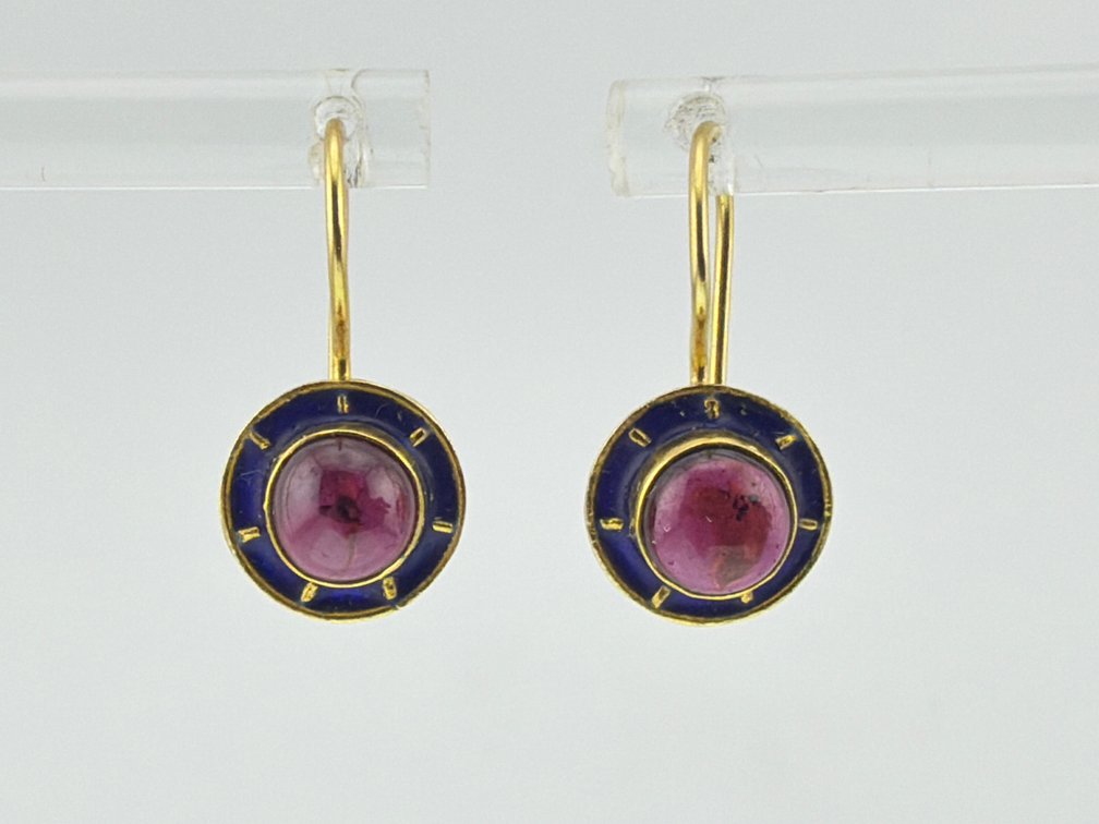 Pair of 14kt and enamel pink tourmaline cabochon earrings