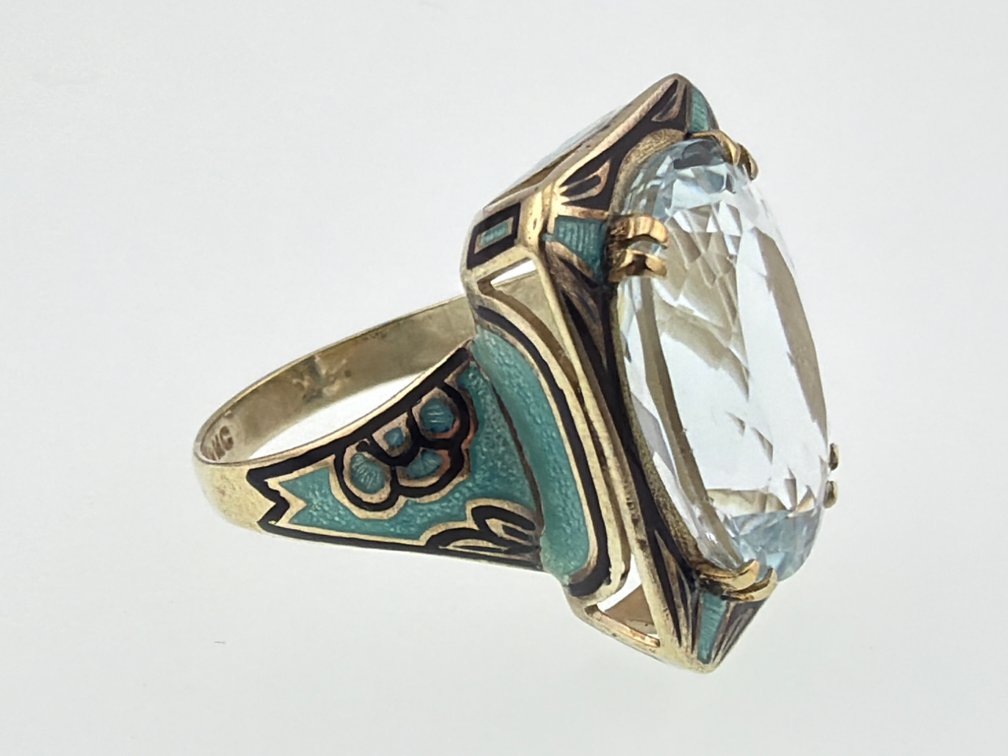 Art Deco aquamarine and enamel 14kt cocktail ring
