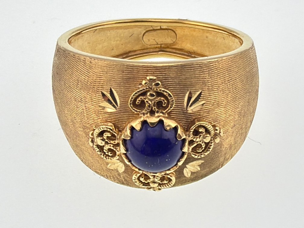 Etruscan wide band lapis and textured 14kt tapered ring