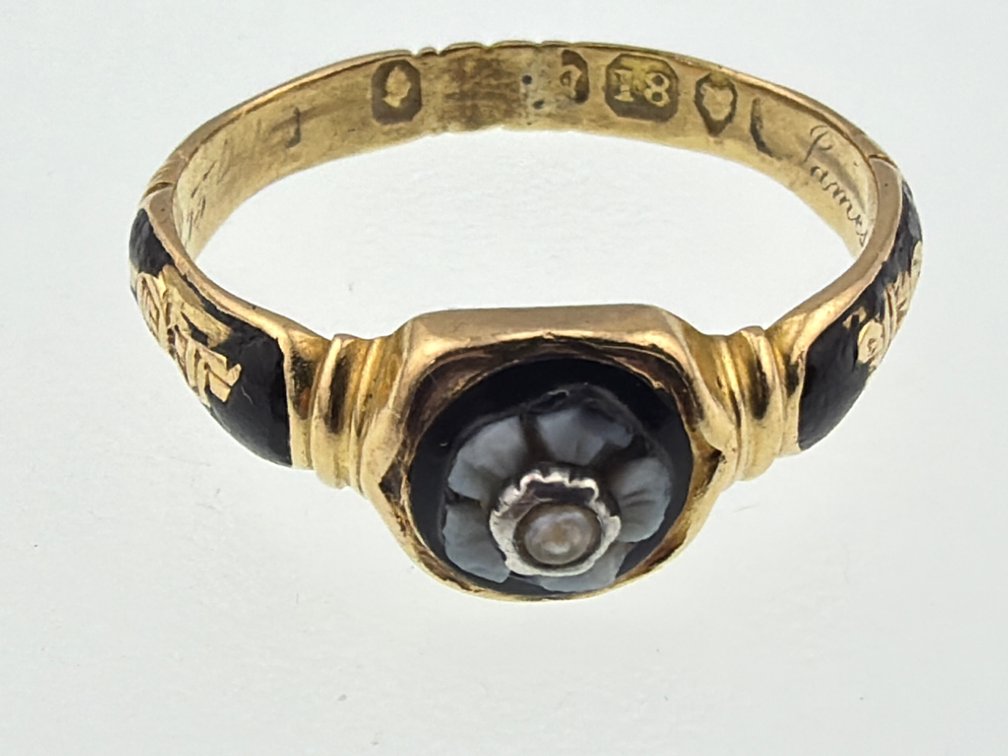 English ca. 1855 18kt enamel and seed pearl ring
