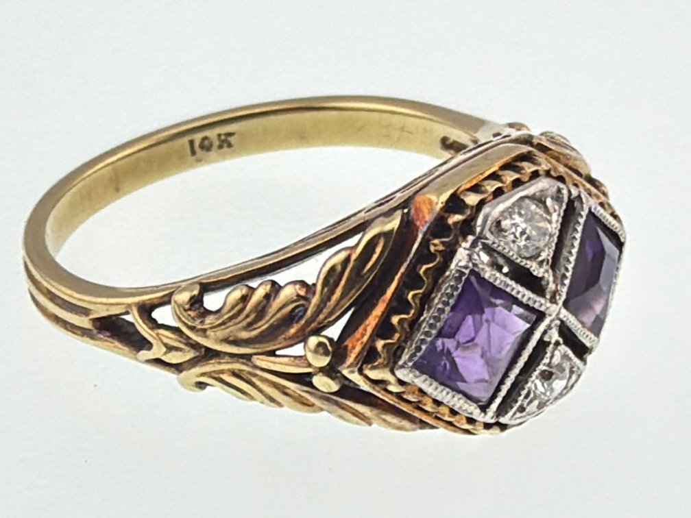 Edwardian 14kt multi tone amethyst and diamond dinner ring