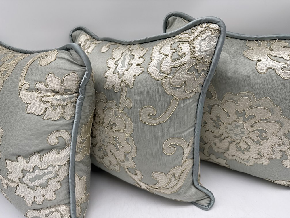 Trio of Colefax and Fowler silk embroidered floral throw pillows