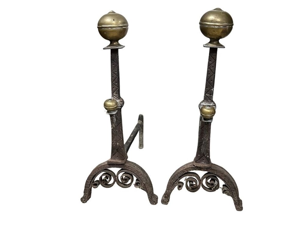 Large pair of brass and iron early large andirons