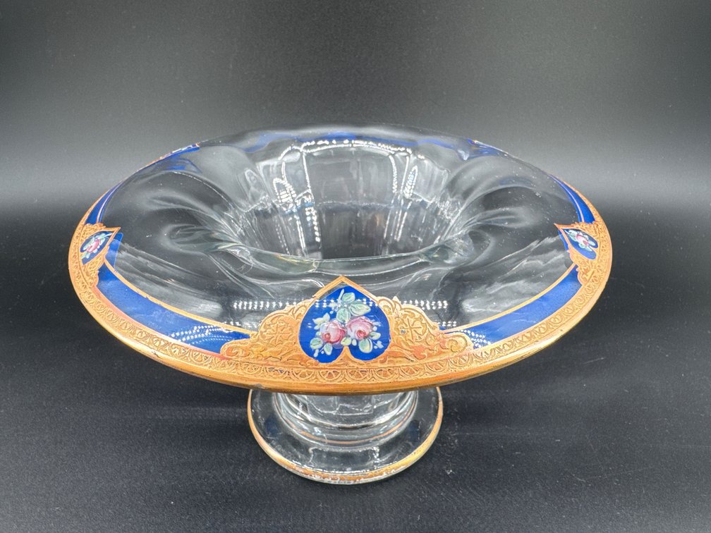 Antique glass vase with gilt and blue rim; GR