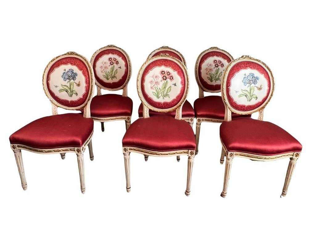 Six Louis XVI style dining chairs; GR