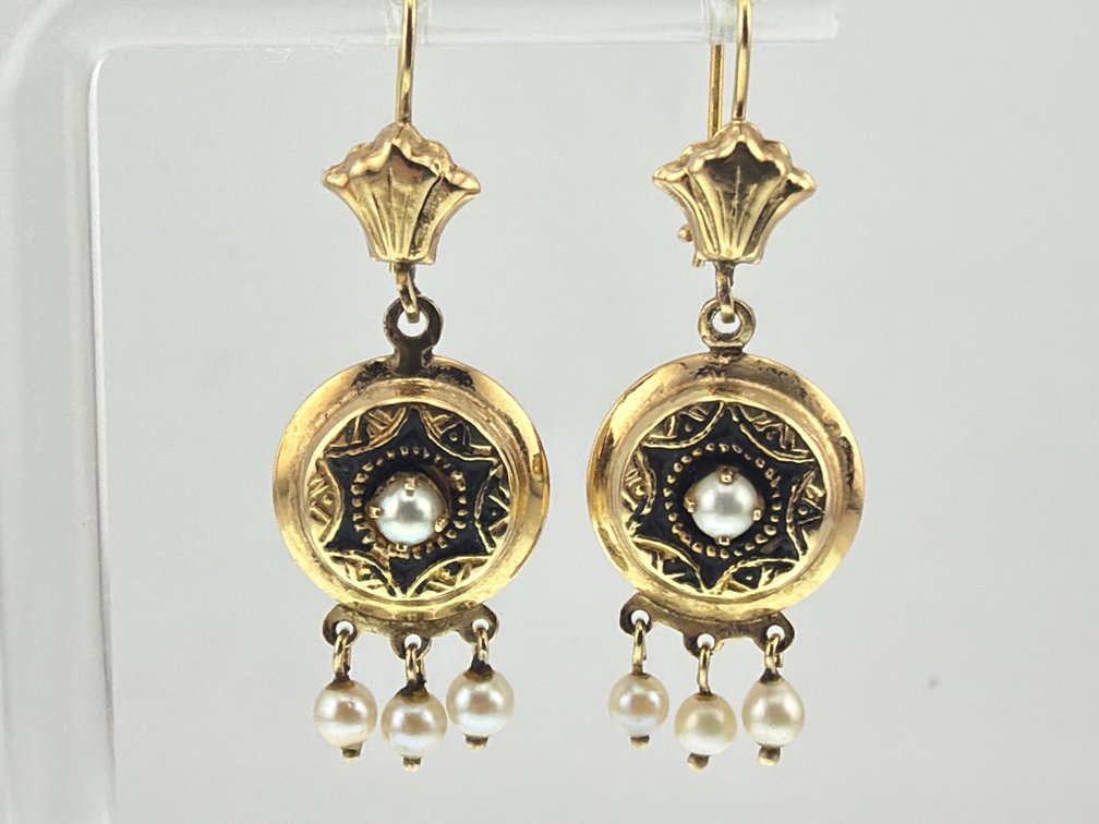 Pair of marked 14kt enameled and freshwater pearl drop earrings