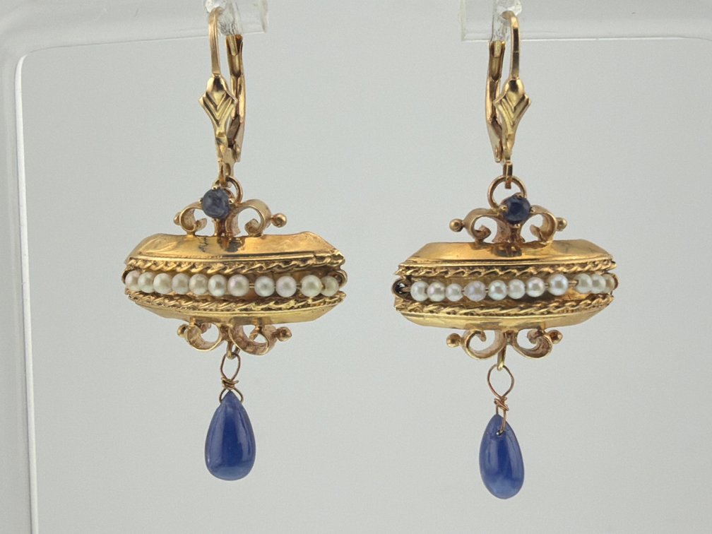 Pair of Victorian 14kt seed pearl and tear drop sapphire earrings