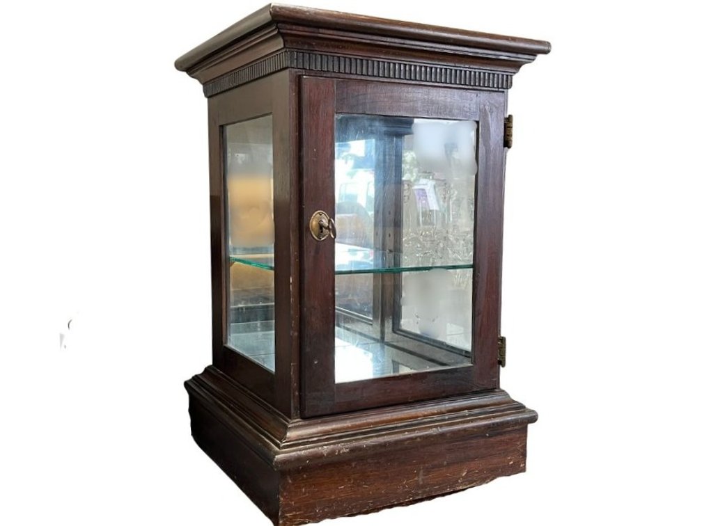 Table top dark stained pine store display cabinet