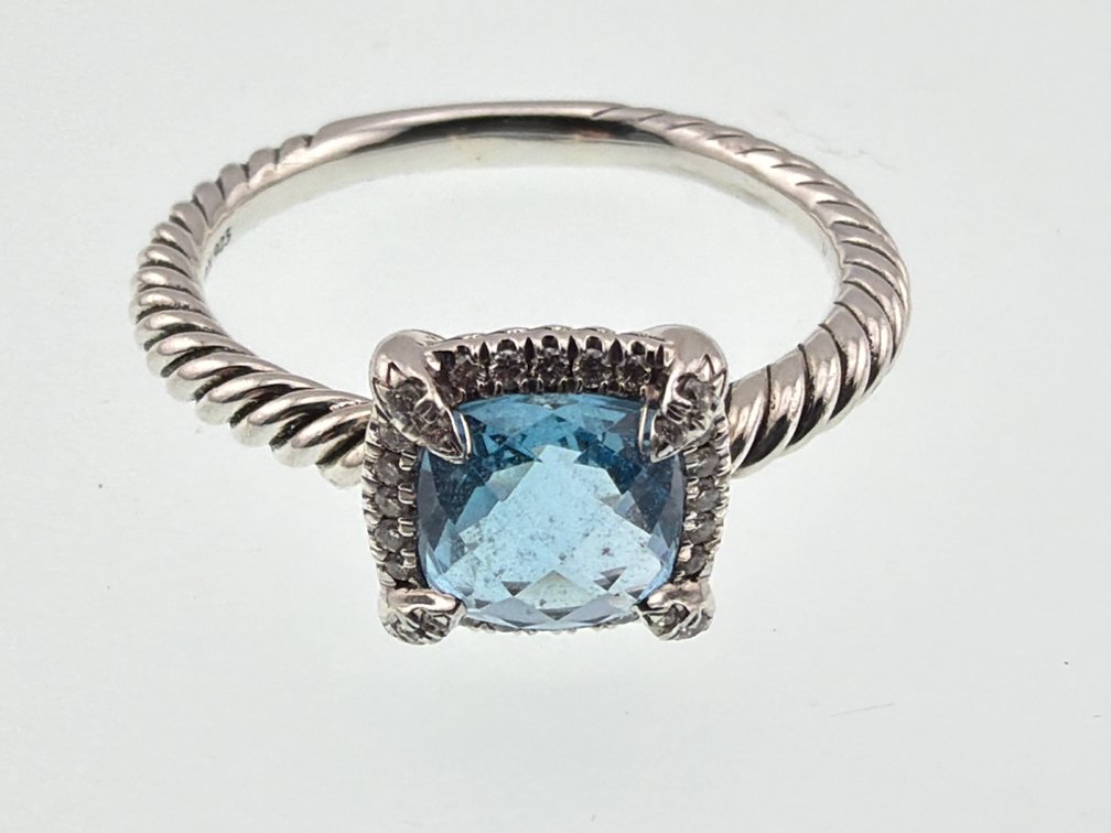 David Yurman sterling blue topaz, diamond ring