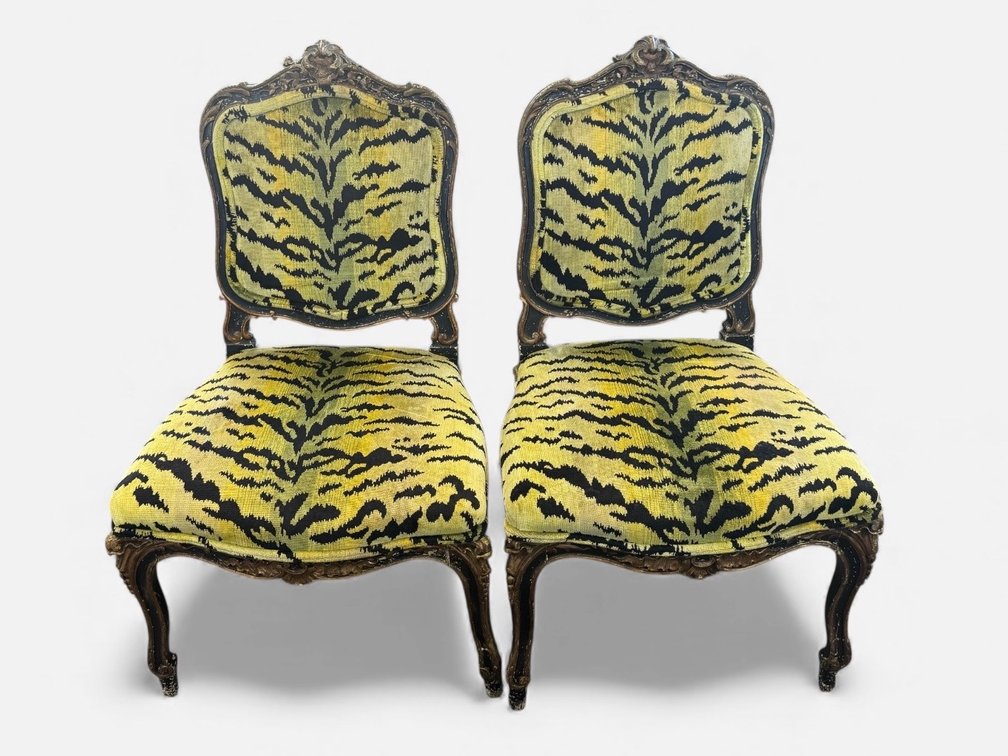 Antique Louis XV style side chairs with Scalamandre Tigre silk upholstery; sold 2x the money