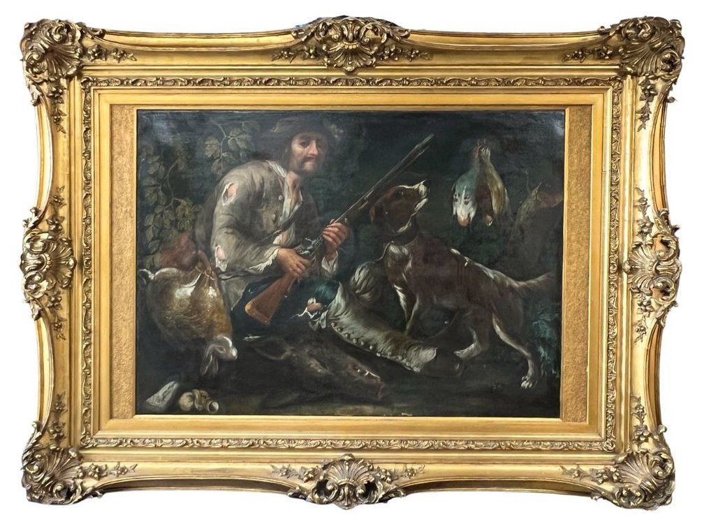 Monumental 18th century Continental oil on canvas of Flemish game scene in ornate Rococo gilt wood frame