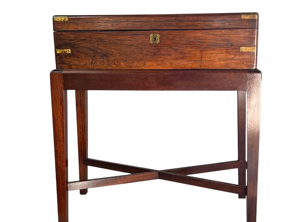 Antique English rosewood and brass bound lap desk on stand
