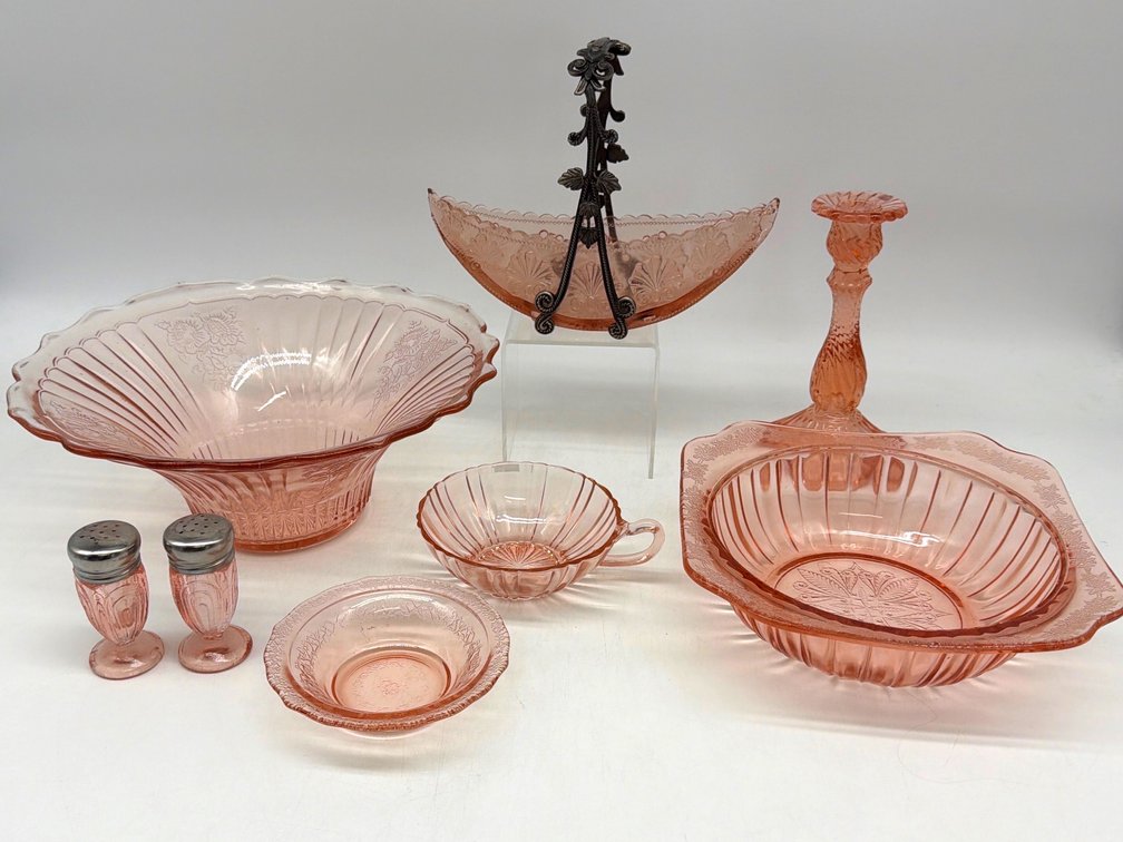Assortment of coral colored Depression glass