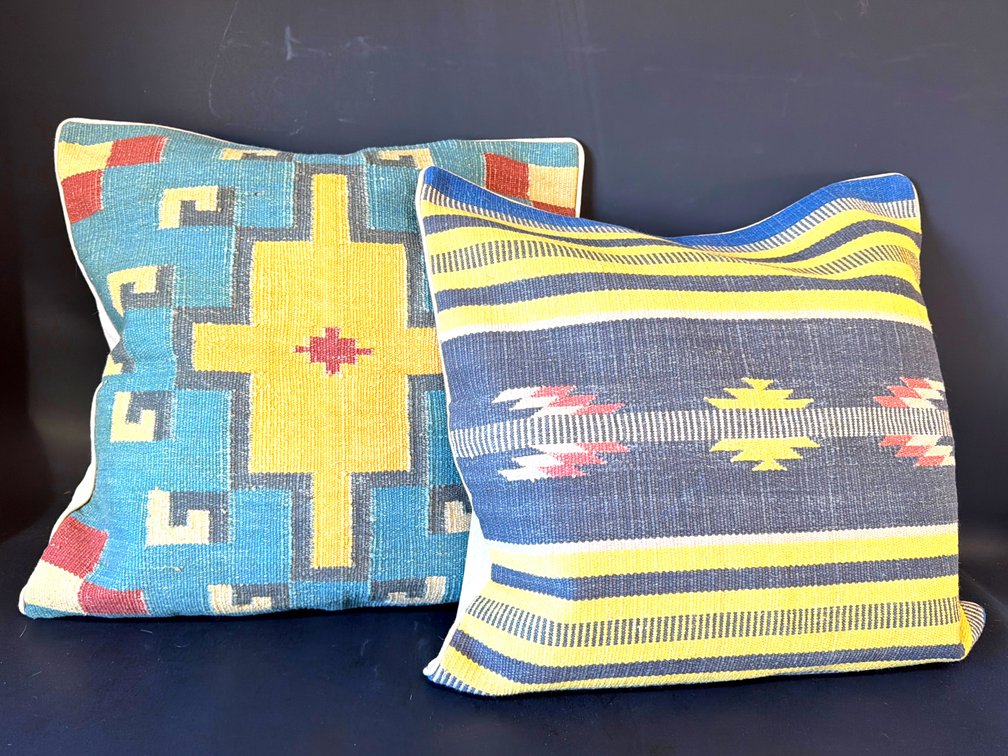 Pair of vintage Dhurrie rug fragment pillow covers