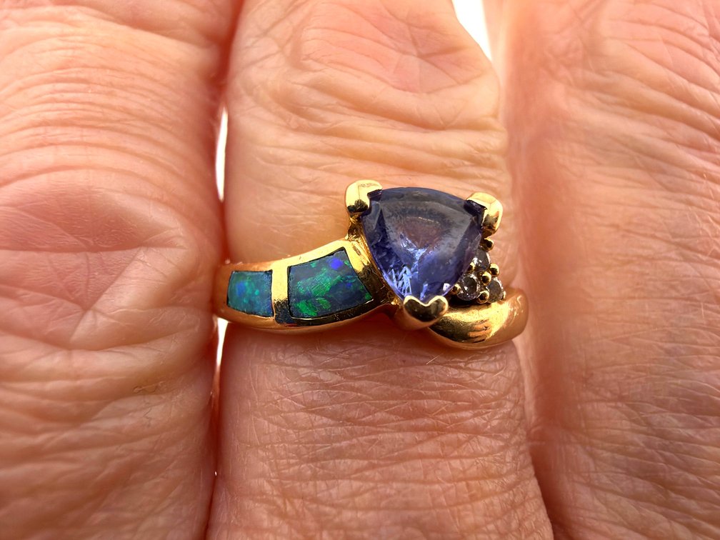 14kt tanzanite, opal, diamond ring