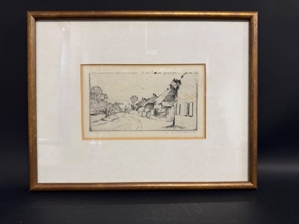 Signed engraving of English village lane by F. Fitzgerald