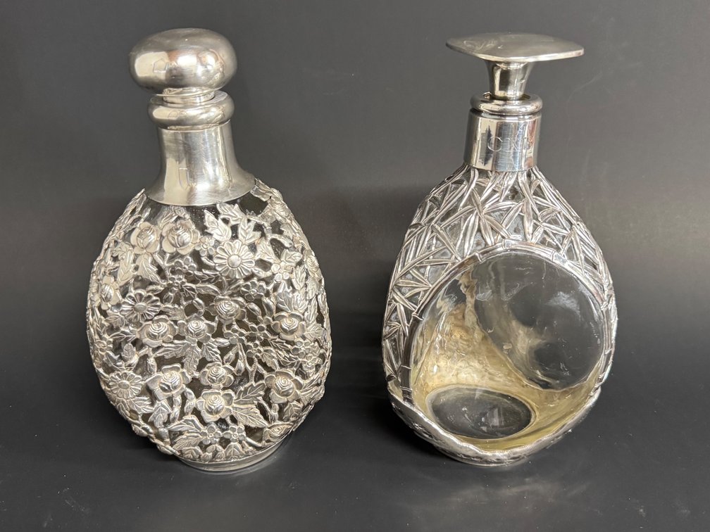 Sterling overlay glass decanters (2)