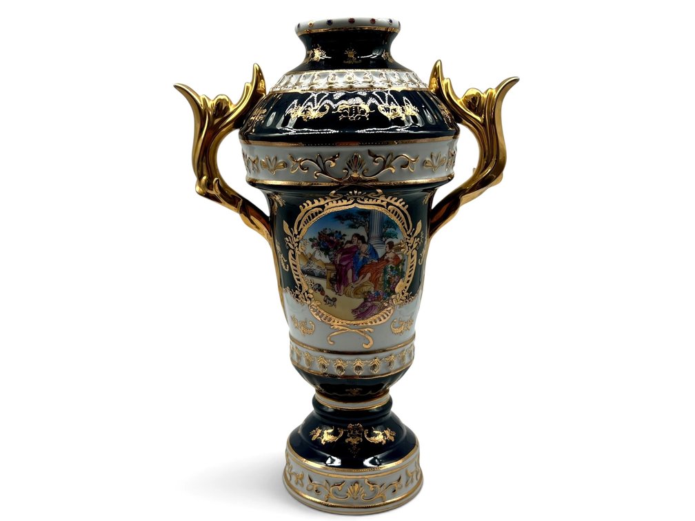 Monumental reproduction Sevres style porcelain double handled urn; 24"H