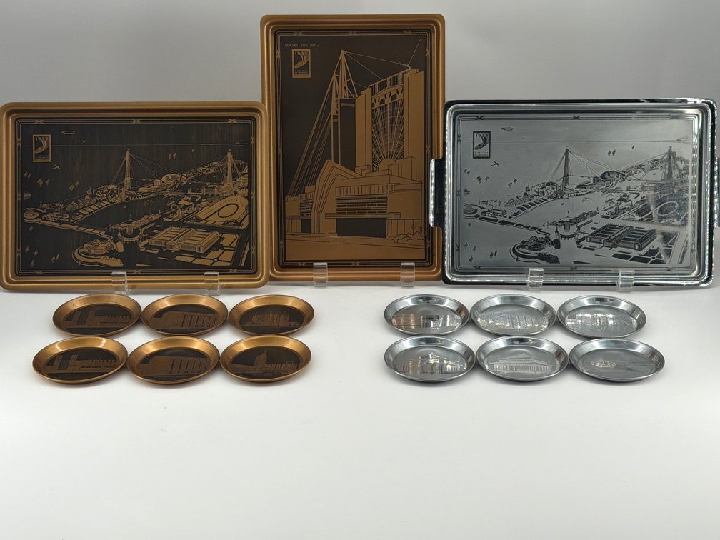 1933 World's Fair copper, chrome trays, ashtrays