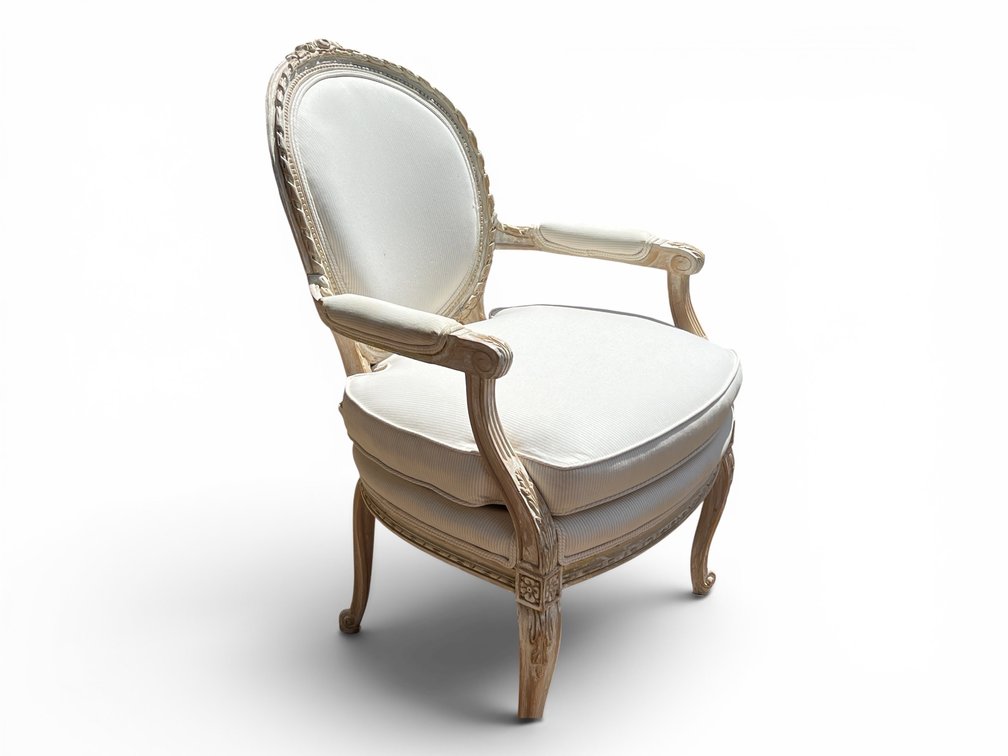 White wash painted open arm bergere