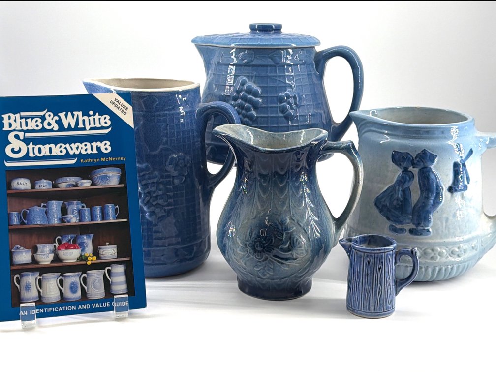 Blue and white stoneware jugs
