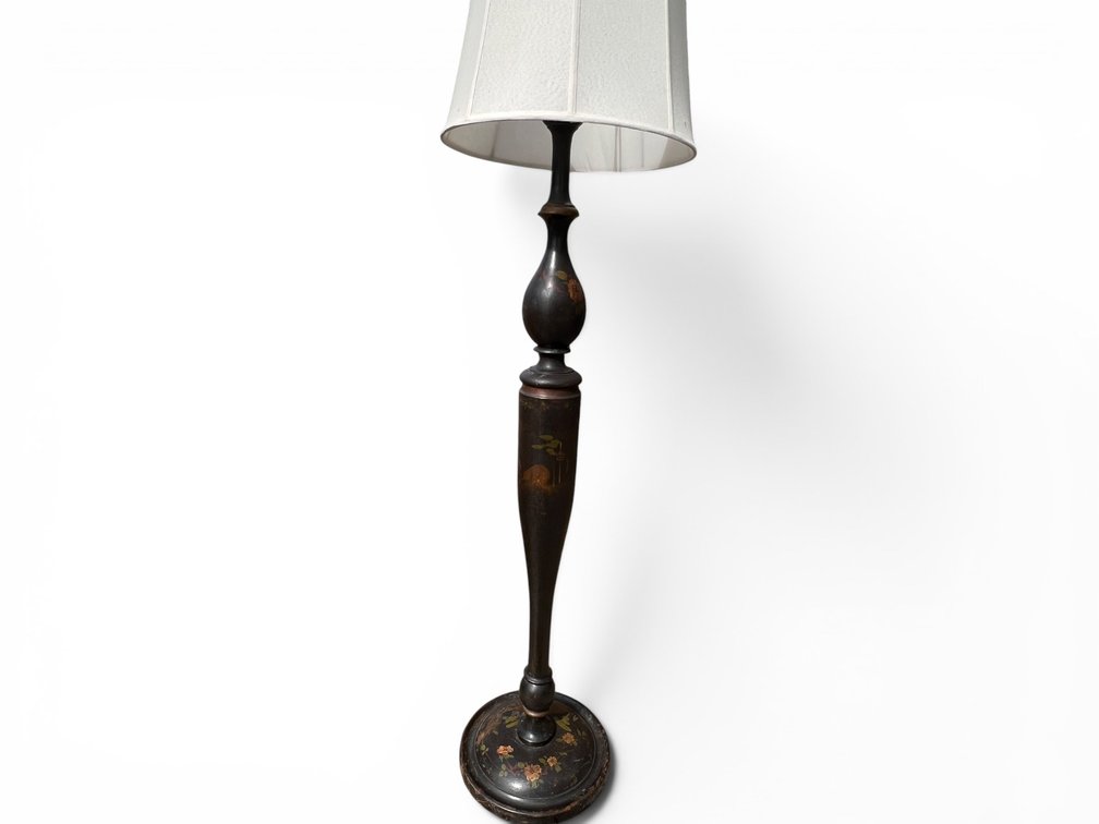 Antique Japanned standing floor lamp with painted decoration