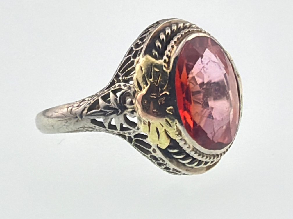 14kt Art Deco synthetic orange sapphire ring