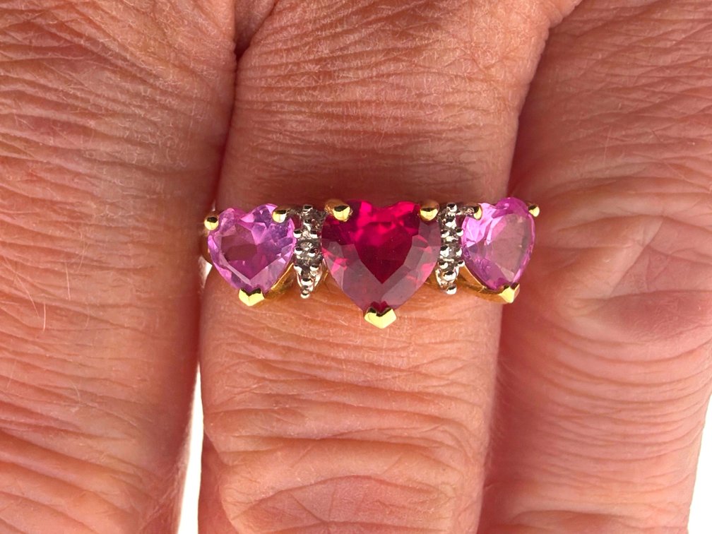 10kt triple heart sapphire, diamond and ruby ring