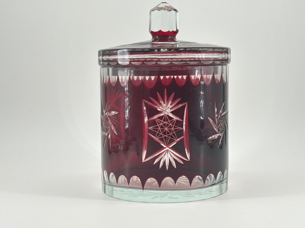 Red Bohemian cut to clear glass biscuit jar