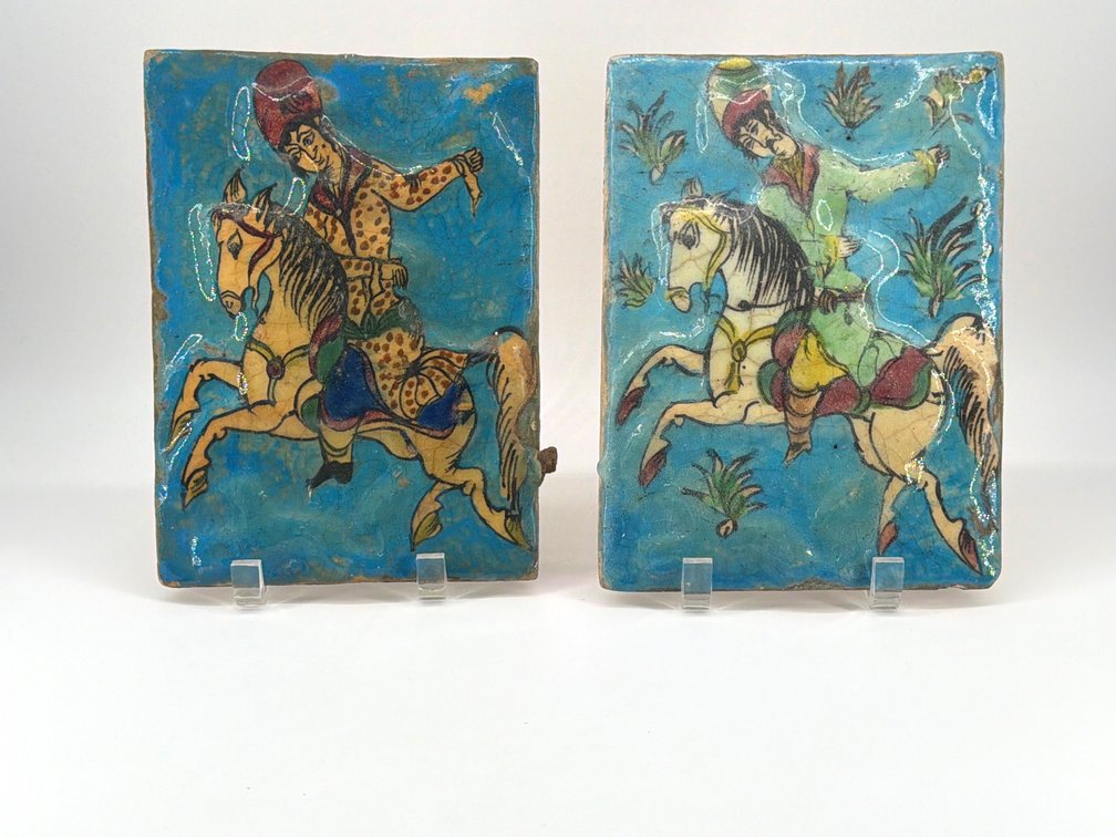 Pair of antique Persian Qajar period glazed ceramic tiles