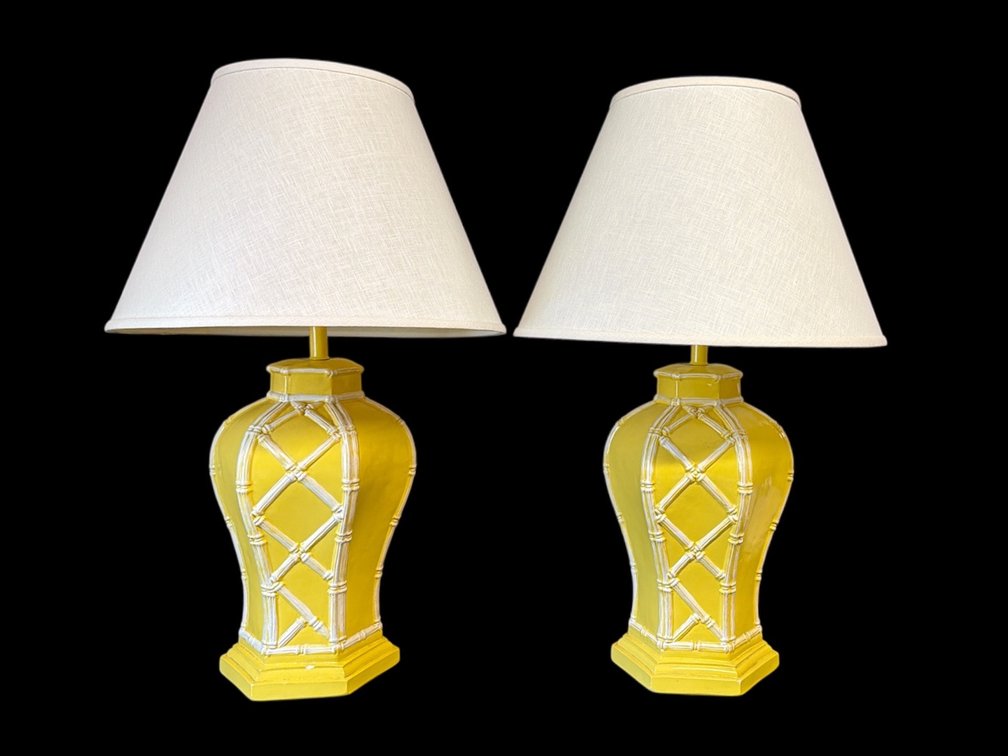 Pair of vintage ceramic faux bamboo lamps