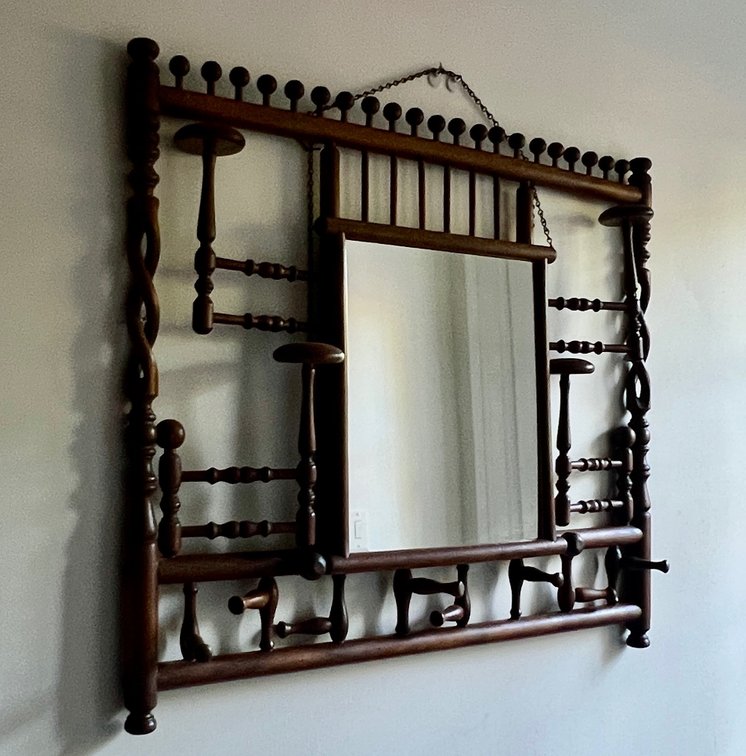 Fabulous antique Aesthetic mixed wood hat and coat rack with mirror