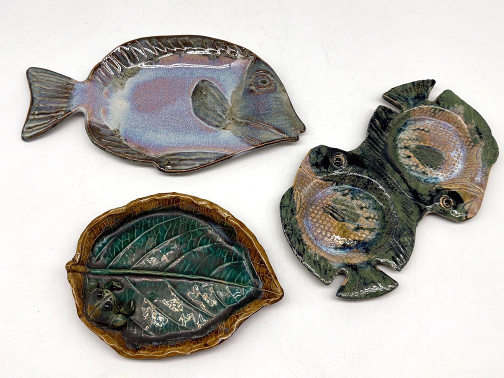Trio of fish and frog art pottery dishes
