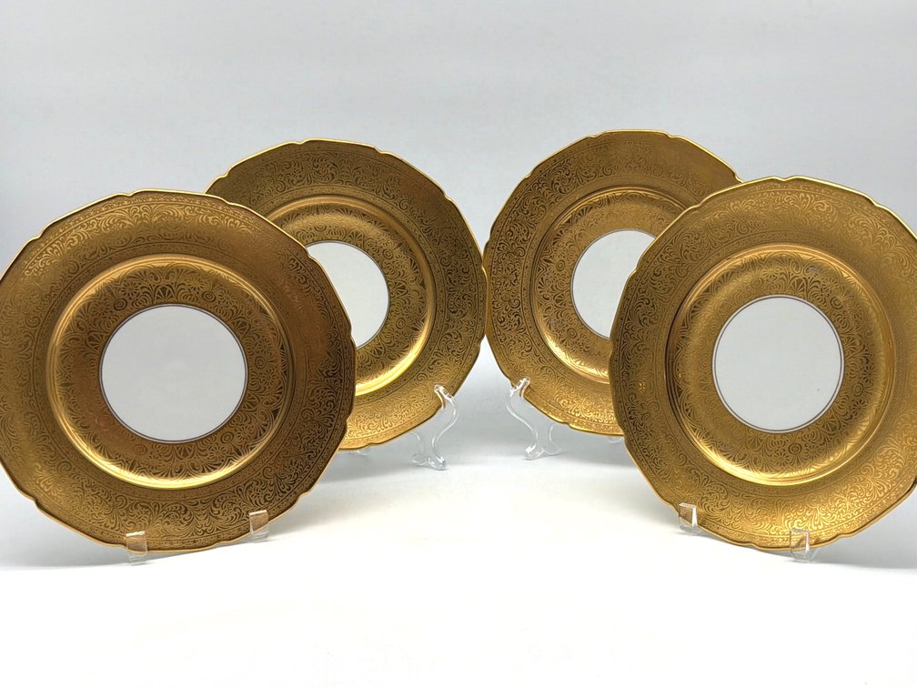 Beautiful set of 4 Czech Karlsbad Knoll gold rimmed chargers