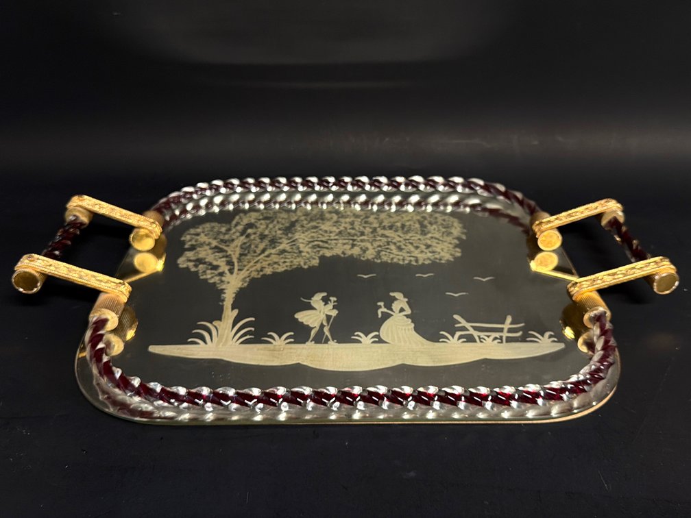 Vintage etched mirror and Murano glass tray