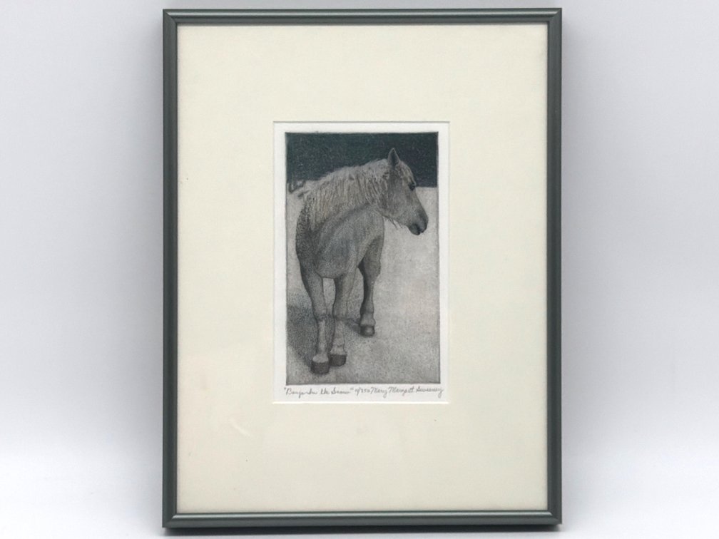 Framed numbered etching "Banjo in the Snow" by Mary Margaret Sweeney