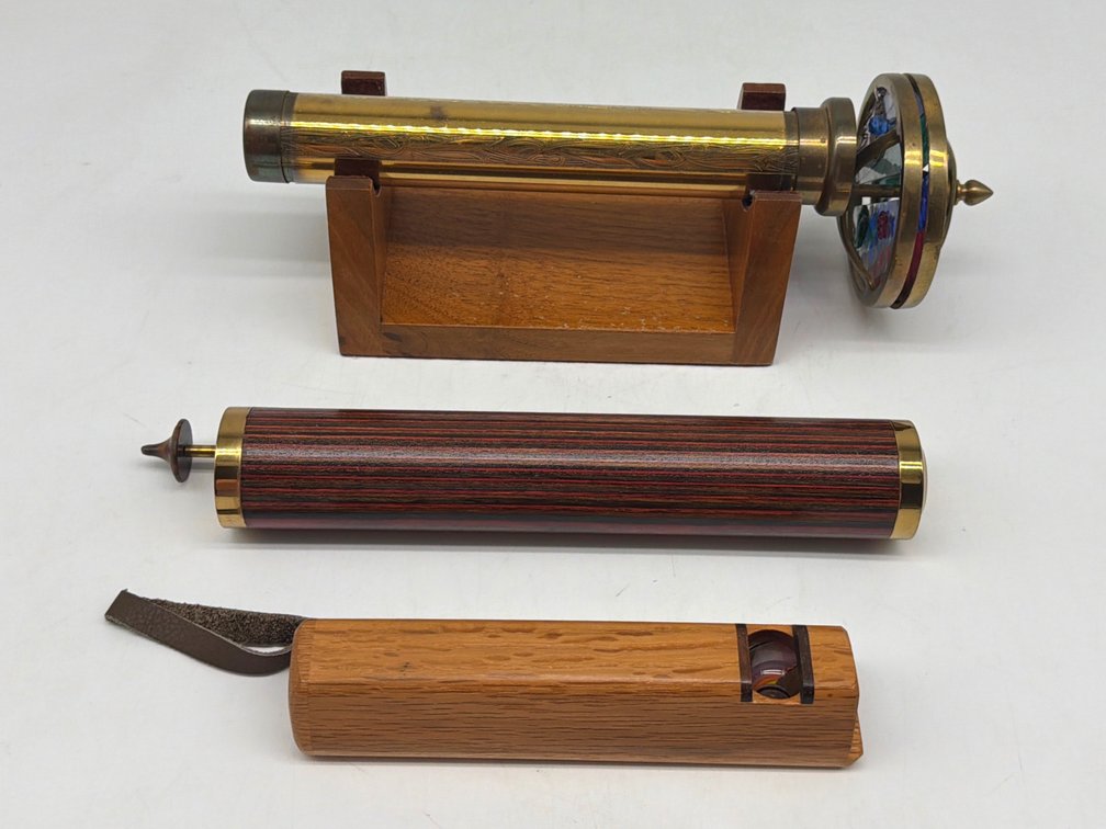 Trio of brass and wood kaleidoscopes