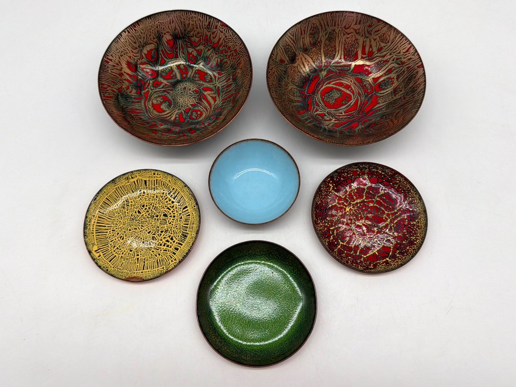 Collection of enamel over copper trinket dishes