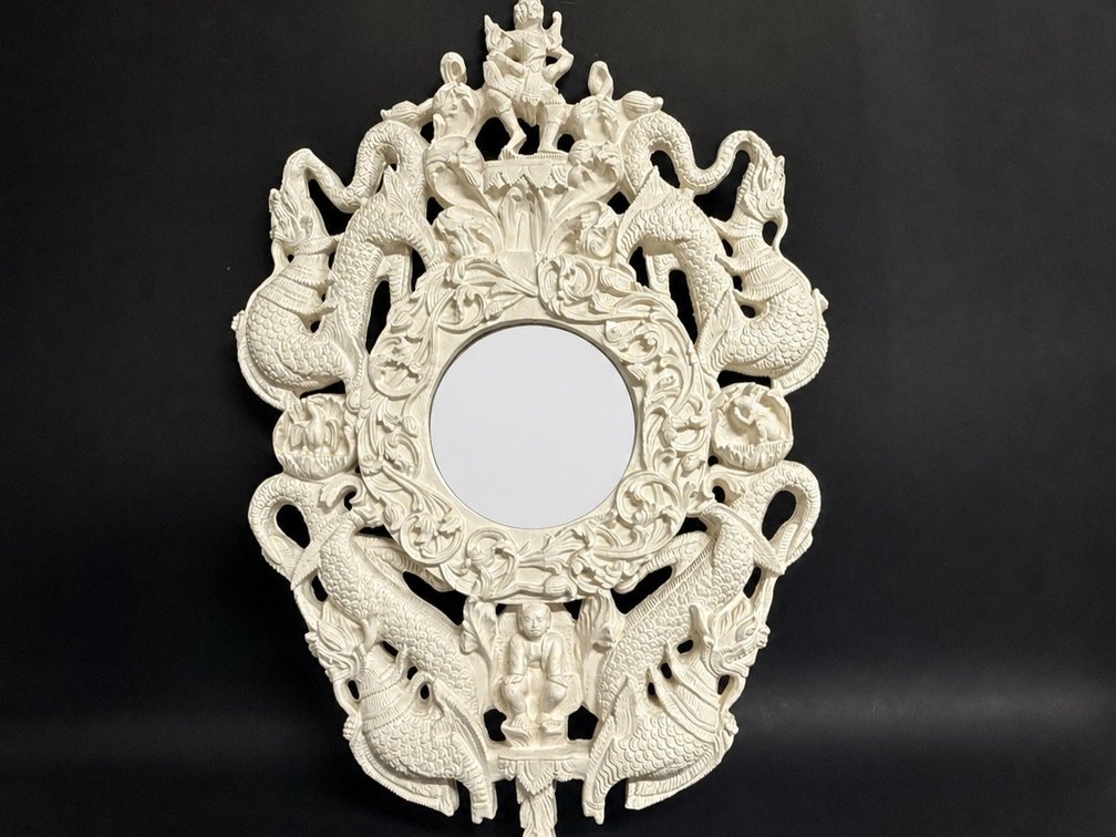 Vintage white painted Thai themed ornate mirror