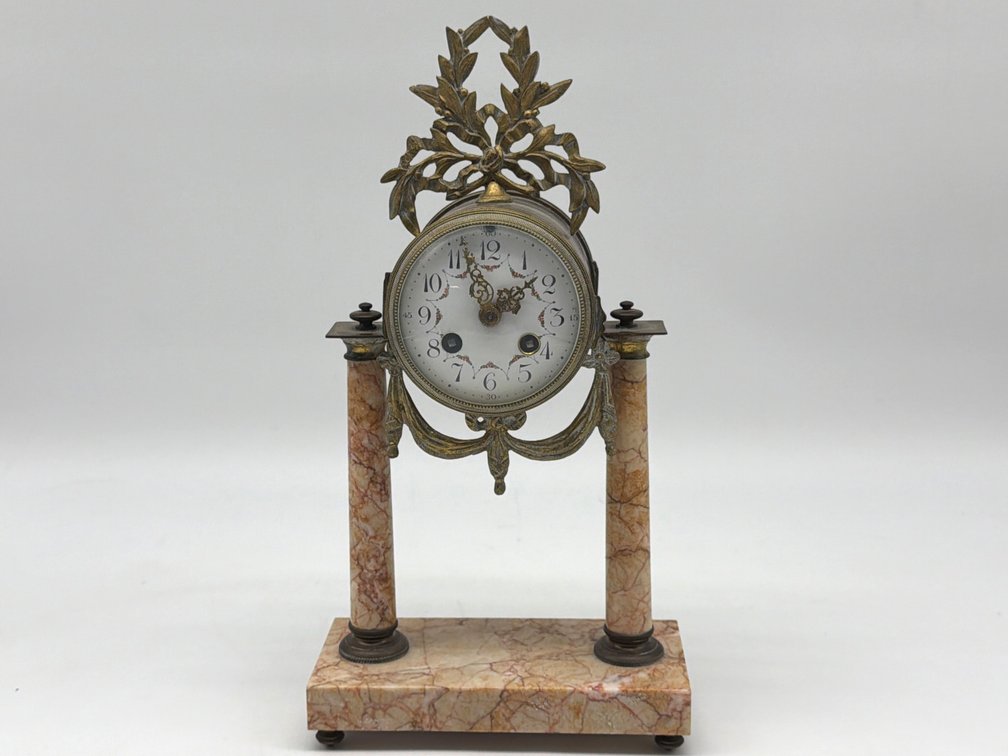 French pink marble and bronze mantel clock; working