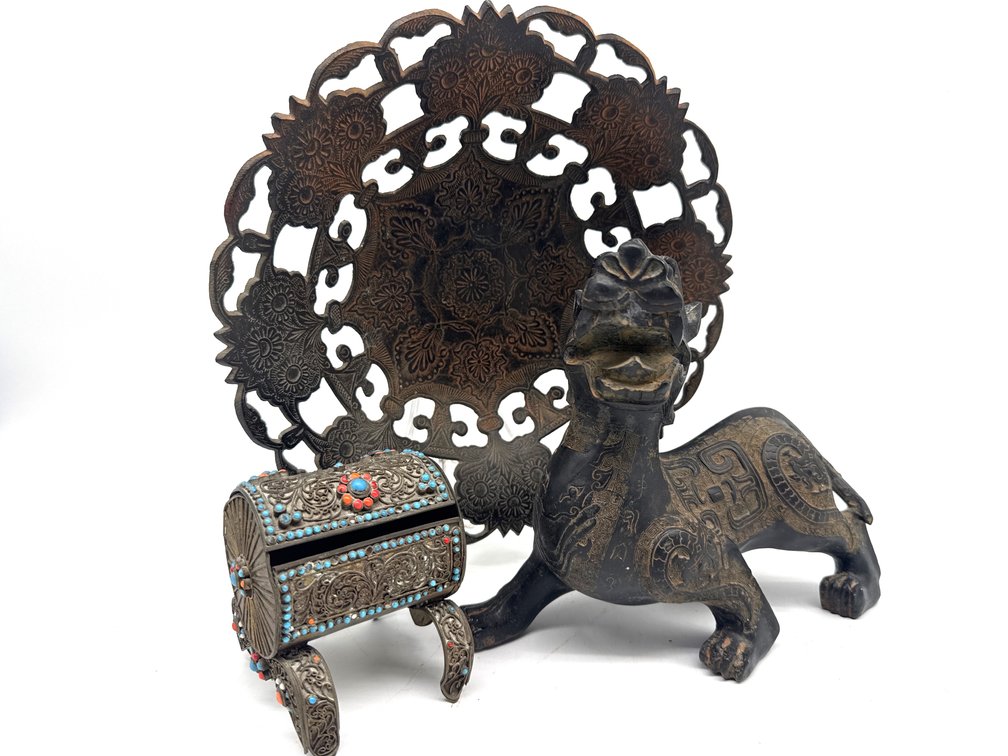 Vintage Tibetan treasure box, Chinese Pi Xiu figure, and Indian footed bowl