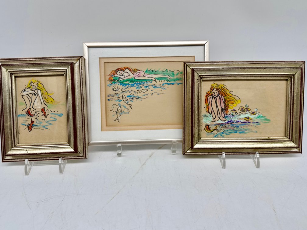 Trio of Amore Wren framed mixed media mermaid beach scenes