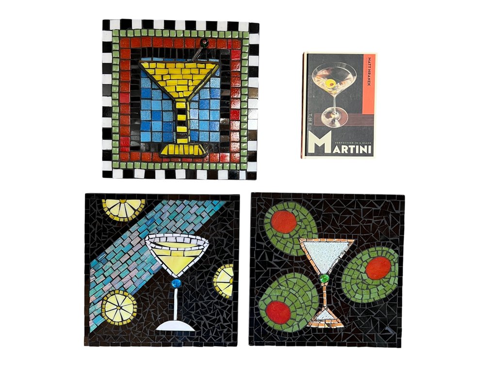 Signed martini mosaic plaques, martini recipe book