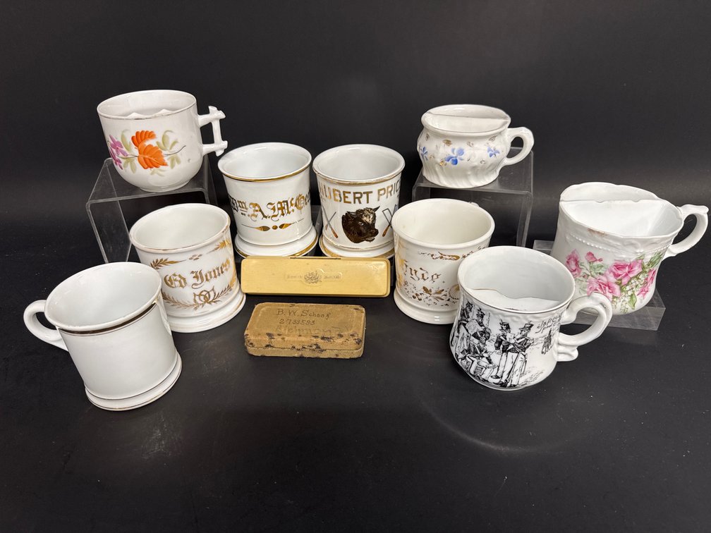 Mustache cups, shaving scuttles, razor