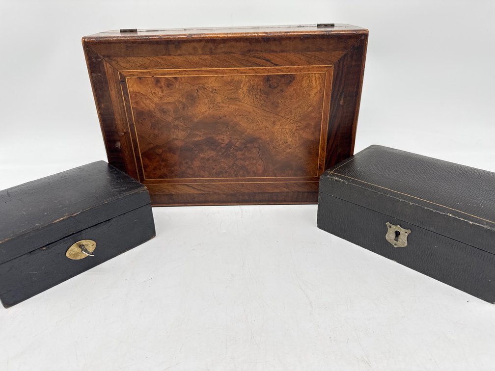 Antique wood lap desk, leather boxes