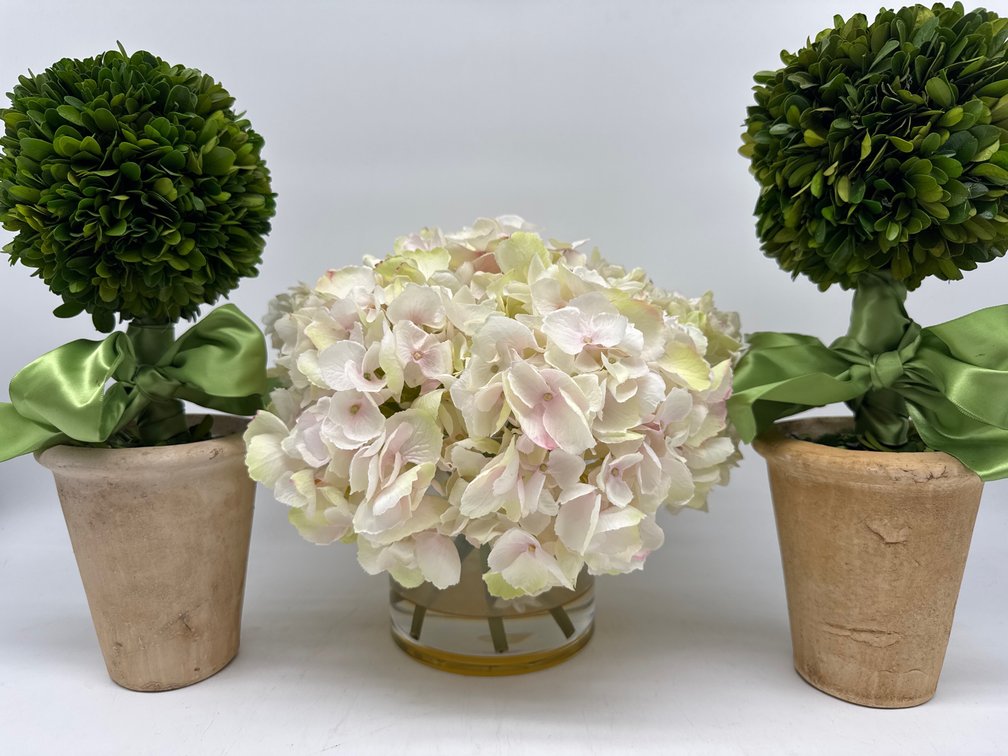 Boxwood topiaries, faux hydrangea