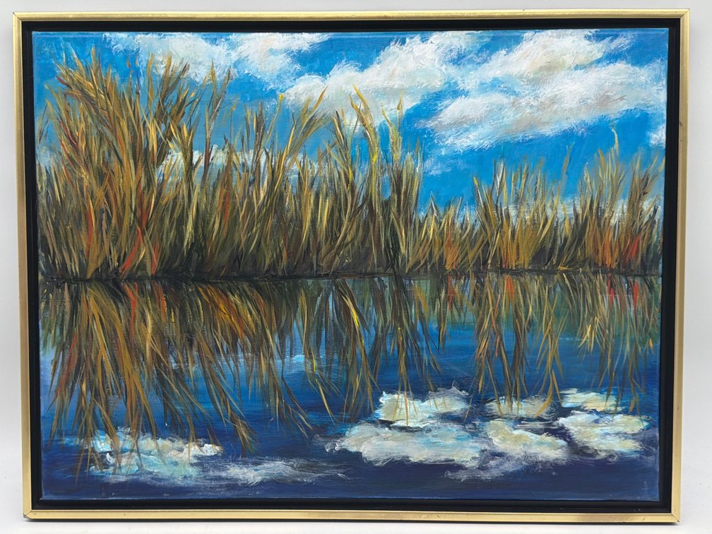 Framed painting of a reedy marsh by CN Corbin (Mathews County, VA)