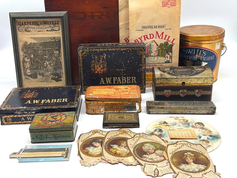 Treasure of antique tins, Moxie crate, Valentine Museum print